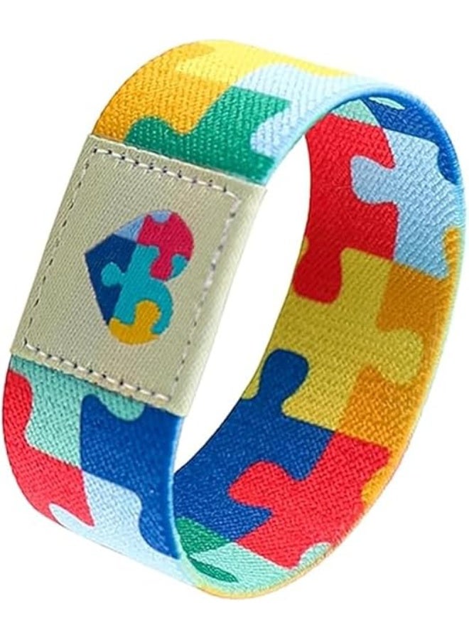 abley's Autism Awareness Support Bracelet, Colorful Puzzle Pattern, Elastic Fabric Band, Sensory Friendly (Puzzle Band with Heart Patch) - Image 1